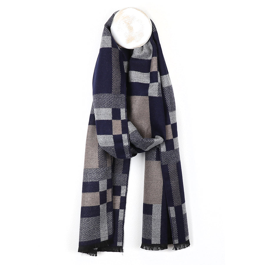 POM Mens Navy/Grey Checked Scarf