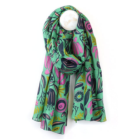POM Green/Pink Botanic Print Organic Cotton Scarf