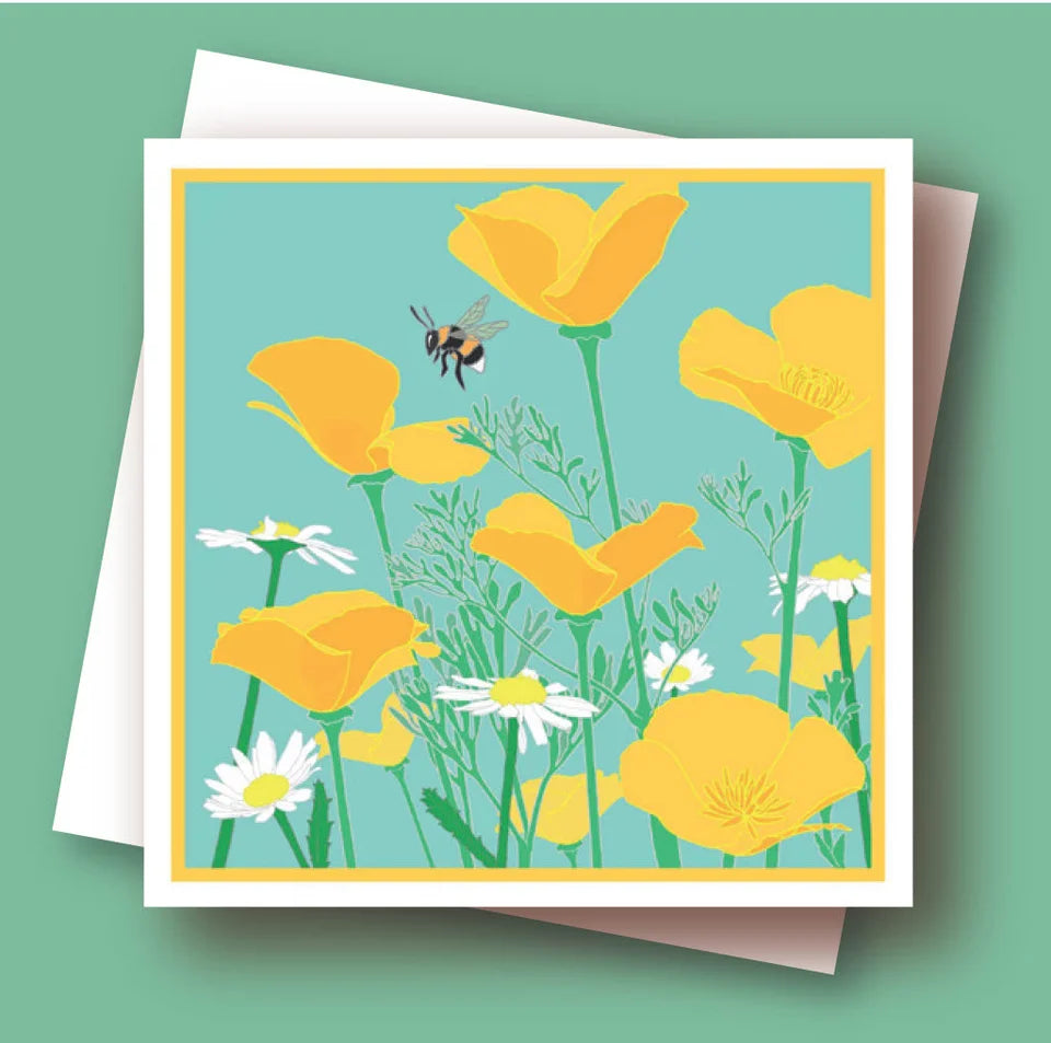 Umbellifer Greeting Card - Poppies, Daisies & Bee