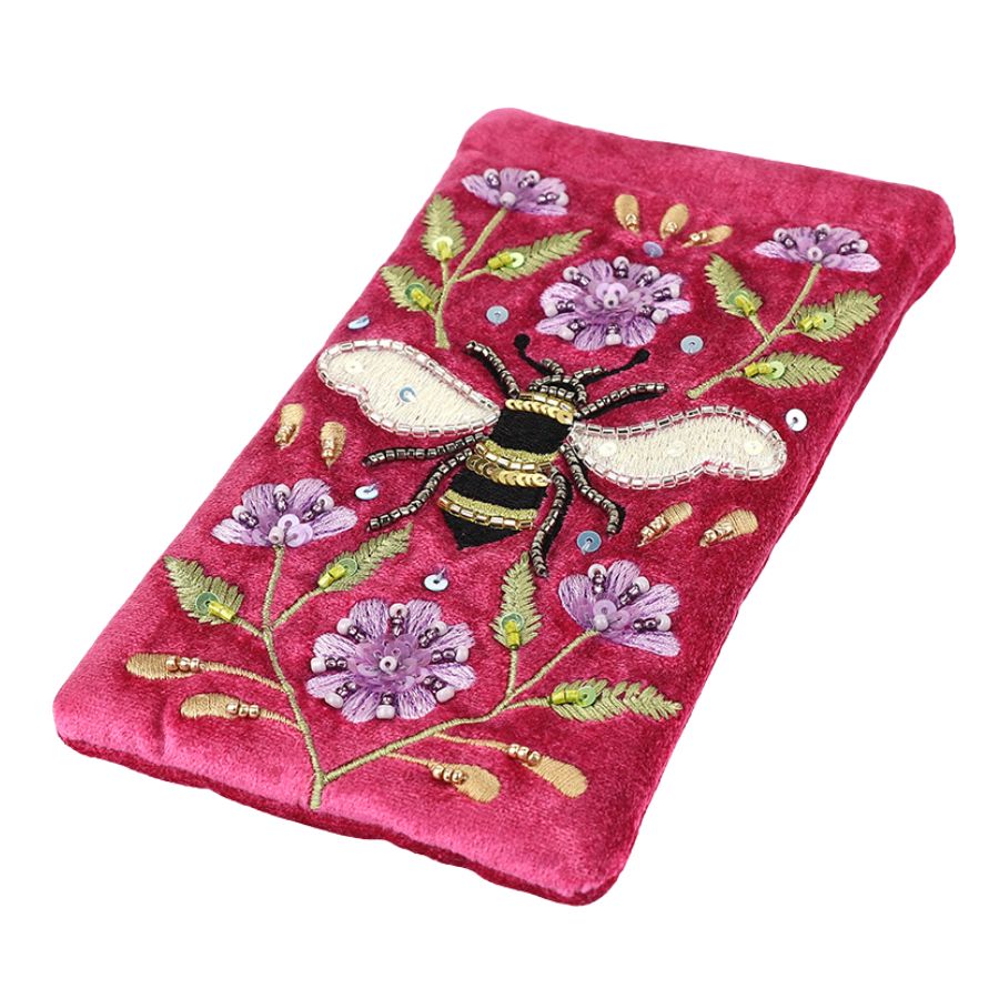 POM Pink Velvet Glasses Case - Bee Embroidery