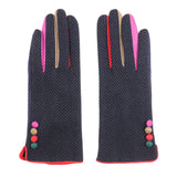 POM Faux Suede/Herringbone Navy Button Trim Gloves