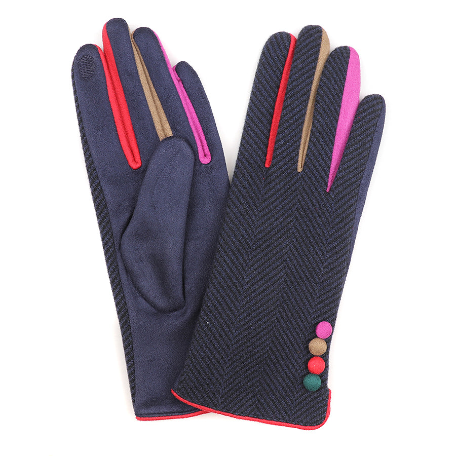 POM Faux Suede/Herringbone Navy Button Trim Gloves