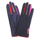 POM Faux Suede/Herringbone Navy Button Trim Gloves