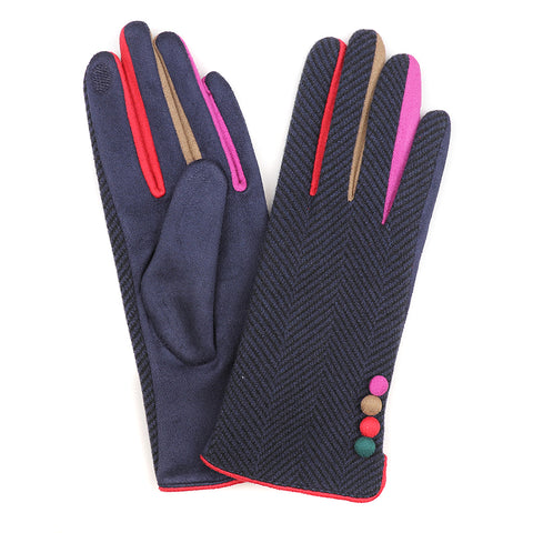 POM Faux Suede/Herringbone Navy Button Trim Gloves