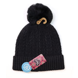 POM Black Herringbone Cable Knit Hat