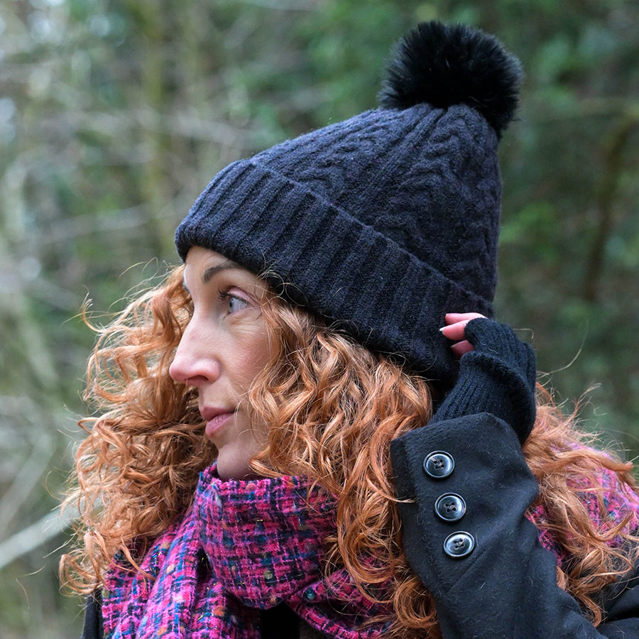 POM Black Herringbone Cable Knit Hat