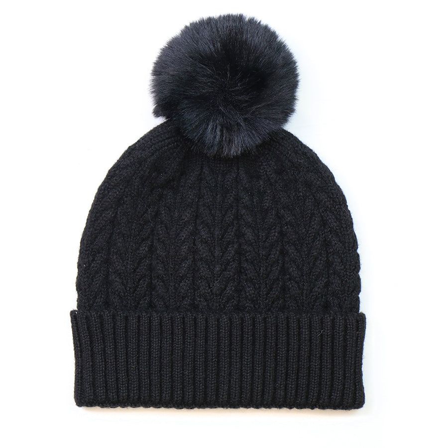 POM Black Herringbone Cable Knit Hat