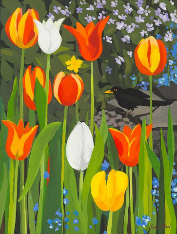 Sarah Gillard Card - Blackbird & Tulips