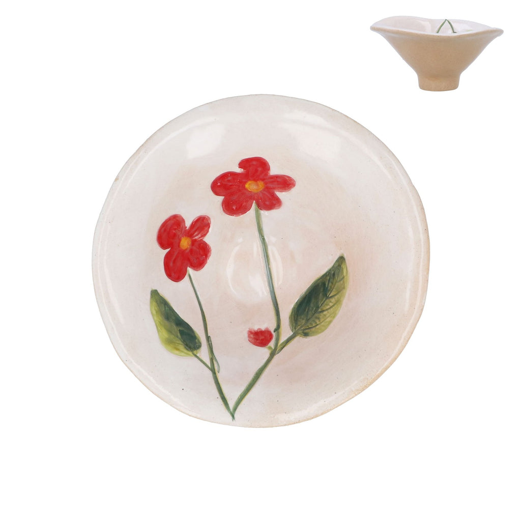 Cream Stoneware Snack Bowl with Red Flowers