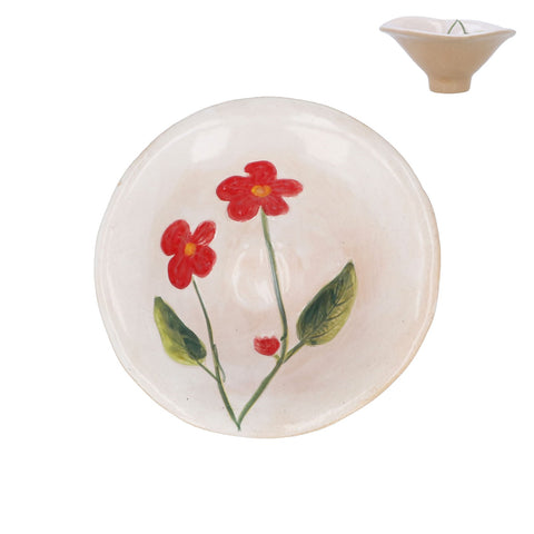 Cream Stoneware Snack Bowl with Red Flowers