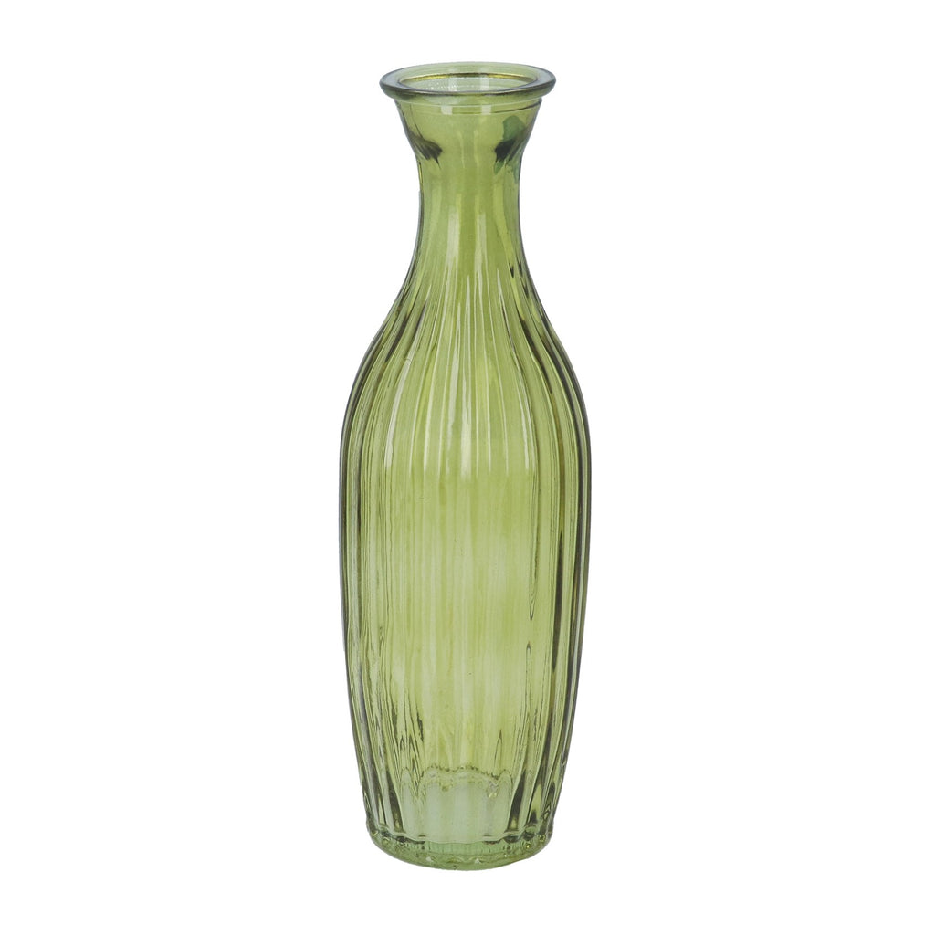 Olive Green Glass Ribbed Tall Slim Bud Vase