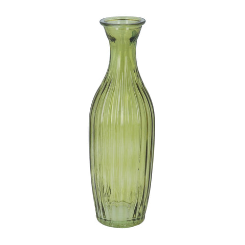 Olive Green Glass Ribbed Tall Slim Bud Vase