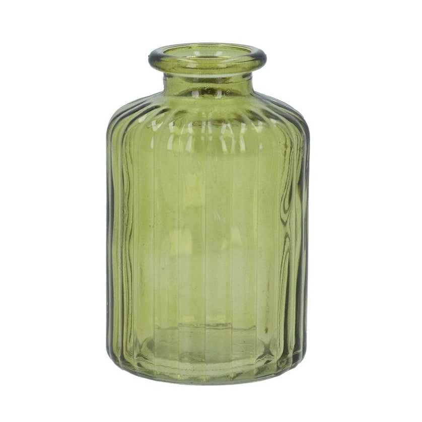 Olive Green Glass Ribbed Bud Vase