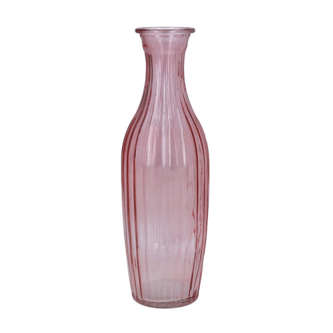 Dusky Pink Glass Ribbed Tall Slim Bud Vase