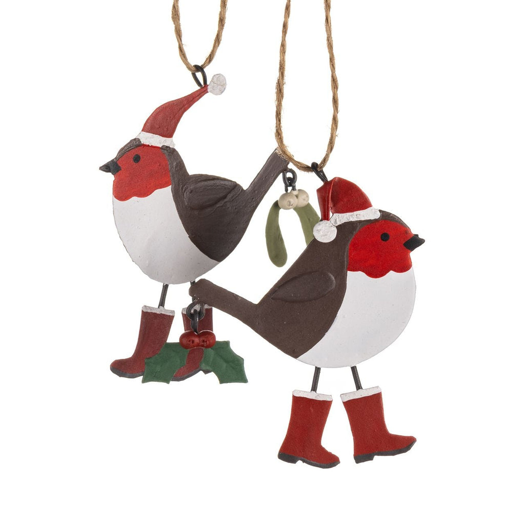 Robins in Red Wellies Tree Decoration, set of 2
