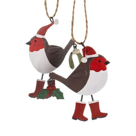 Robins in Red Wellies Tree Decoration, set of 2