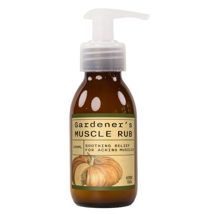 Bottle of Gardener's Muscle Rub from Sting in the Tail with dispenser.