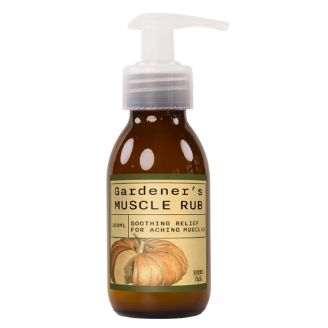 Bottle of Gardener's Muscle Rub from Sting in the Tail with dispenser.