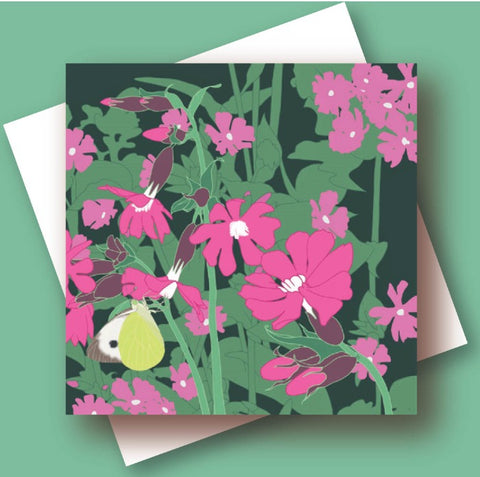 Umbellifer Greeting Card - Red Campion and Small White Butterfly